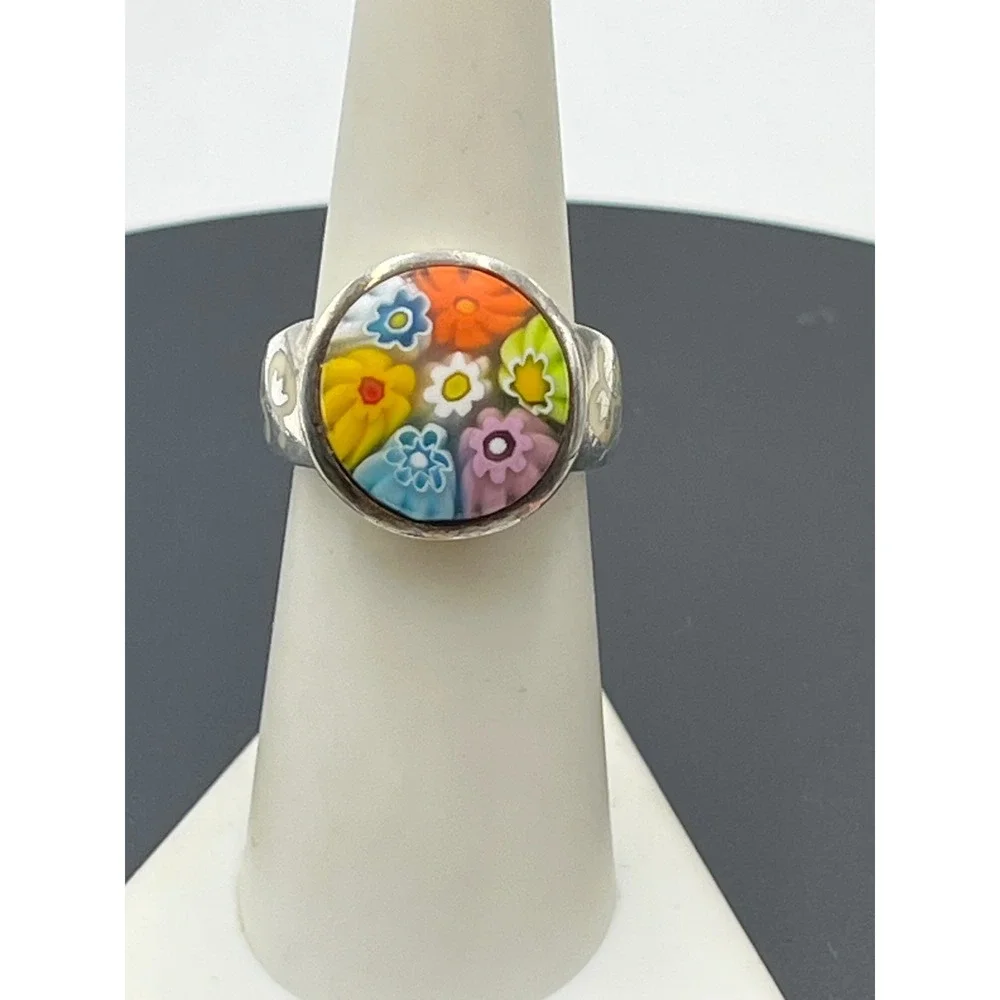 Alan K. European Design Sterling Silver Miliffiori Murano Glass Floral ring USA